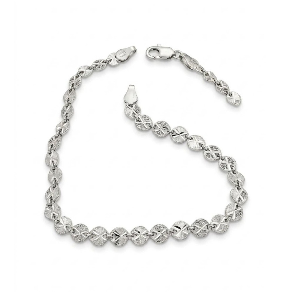 Sterling Silver 925 Diamond-cut Disc and Beaded Link Bracelet